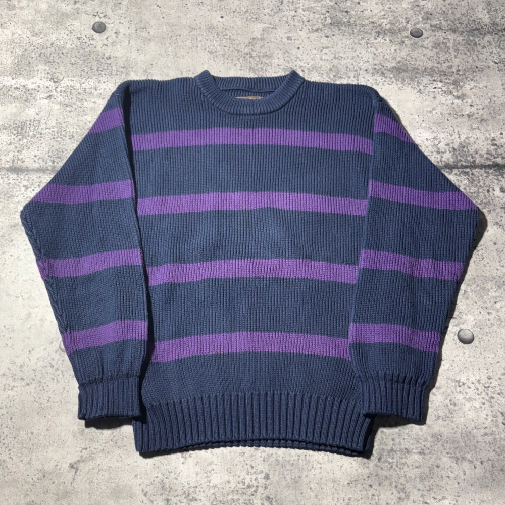 Vintage 90s Eddie Bauer Navy Purple Striped Ribbed Cotton Sweater Medium